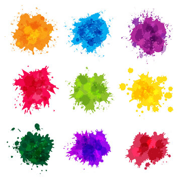 Paint splashes. Colored backdrop abstract splatter graphics ink yellow blue green magenta recent vector collection splashes template