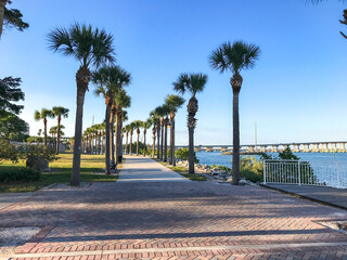 Fort Pierce, St. Lucie County, Florida, Waterfront walkway lined with palm trees along Indian River...