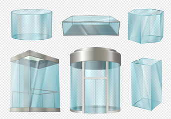 Glass cylinders. Transparent showcases stands in various forms cylinder cube blank elevator in mall. Decent vector realistic templates © ONYXprj