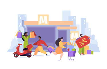 Shopping characters. People with shopping bags walking on street stores in city local markets garish vector background illustration in flat style