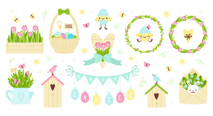 Easter vector set with birds, nesting box, tulip wreath, bouquet with flowers, basket with eggs, white rabbit in envelope, baby chickens, butterfly, hearts, egg garland. Spring and Easter sticker set.