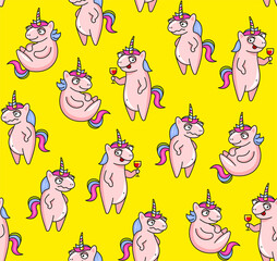 Cute Unicorns Seamless Pattern on Yellow Background. Vector