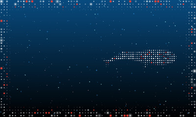 On the right is the whale symbol filled with white dots. Pointillism style. Abstract futuristic frame of dots and circles. Some dots is red. Vector illustration on blue background with stars