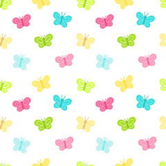 Vector seamless pattern with little color butterflies on white background. Flat style illustration.