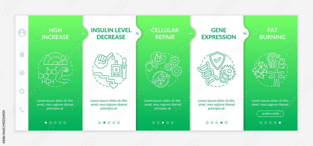 Poster intermittent fasting health effects onboarding vector template. insulin level decrease. gene express