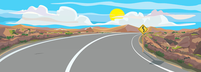 Panorama view on empty s-curve high way road with background sun and blue sky in the afternoon , illustration picture.