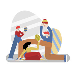 a group of friends is celebrating Easter. illustration in cartoon flat style. For web pages, smm and mobile applications.
