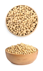 Soya beans  in wooden bowls on white background
