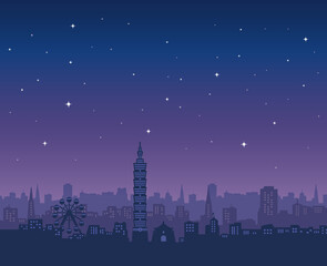 Naklejka premium Taipei city skyline, taipei 101, night sky stars vector illustration