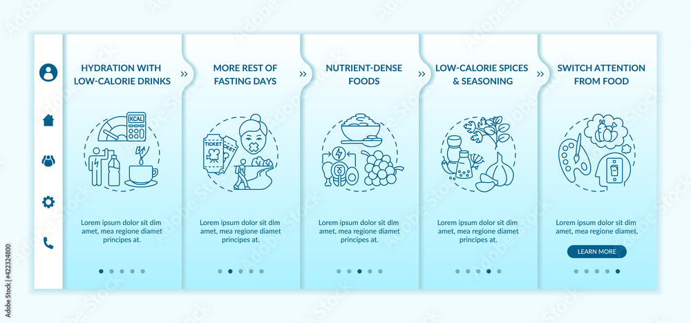 Poster intermittent fasting tips onboarding vector template. hydration with low calorie drinks. nutrient de