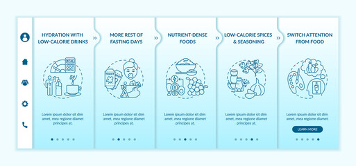Intermittent fasting tips onboarding vector template. Hydration with low calorie drinks. Nutrient dense food. Responsive mobile website with icons. Webpage walkthrough step screens. RGB color concept
