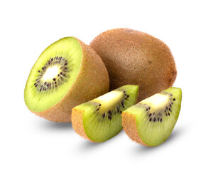 Ripe kiwi fruit and kiwi slices ​​separately on white background