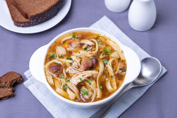 Soup with mushrooms, chicken and noodles in a white plate. Traditional Russian dish. Close-up.