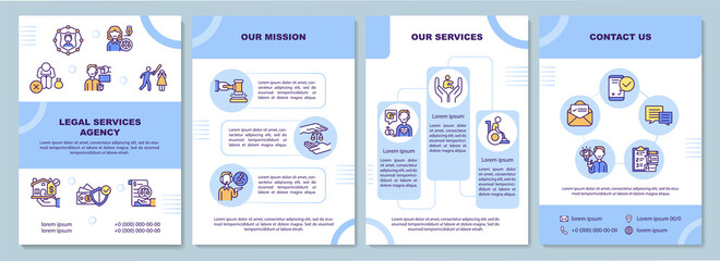 Legal services agency brochure template. Our mission. Contact us. Flyer, booklet, leaflet print, cover design with linear icons. Vector layouts for presentation, annual reports, advertisement pages