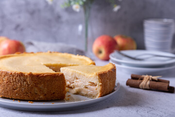 Apple pie with cinnamon and sour cream. Homemade baking. Traditional Russian pie. Close-up.