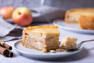 Apple pie with cinnamon and sour cream. Homemade baking. Traditional Russian pie. Close-up.