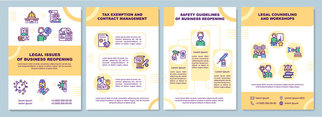Legal issues of business reopening brochure template. Tax exemption. Flyer, booklet, leaflet print, cover design with linear icons. Vector layouts for presentation, annual reports, advertisement pages