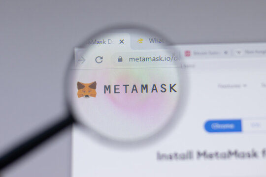New York, USA - 18 March 2021: Metamask logo sign, metamask.io icon on website close-up, Illustrative Editorial.