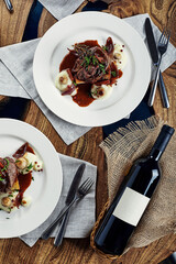 Gourmet appetizer: Beautifully decorated catering banquet foie gras with berries