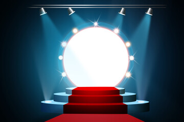 The concert stage theater with flood lights and red carpet on 3d podium base,an abstract empty floor showcase spotlights on stage background.
