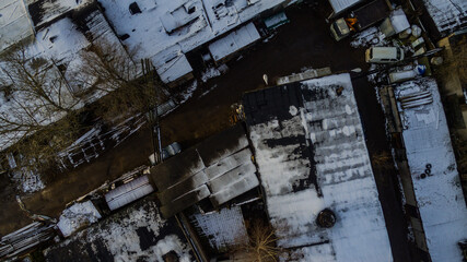 Aerial view of old warehouse. View from drone.