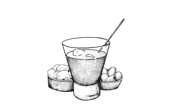 Ilustraci&oacute;n a tinta de un vaso de vermut rojo, olivas y patatas chips. Pack de vermut