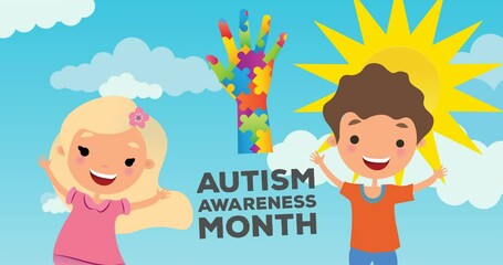 Animation of autism awareness month text with hand in autism awareness puzzles with girl and boy