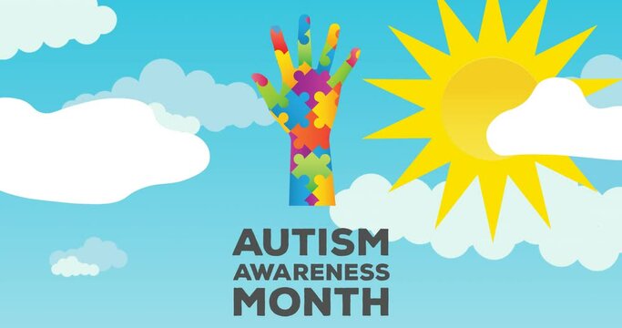 Animation of autism awareness month text and hand formed with puzzles on clouds and sun on blue sky