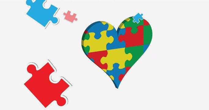 Animation of puzzles falling over beating heart formed with autism awareness puzzles on white