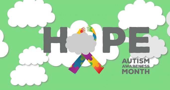 Animation of hope autism awareness month text ribbon formed with puzzles over clouds on green sky