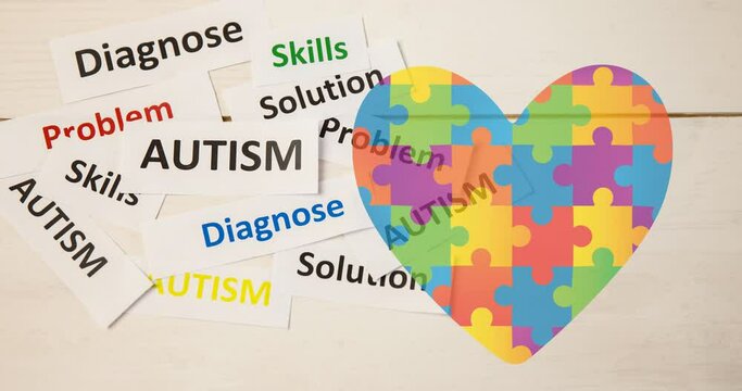 Animation of autism text over heart formed with autism awareness puzzles on white