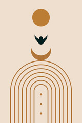 Rainbow Sun Moon Boho Minimalist Printed Wall Art Geometric Abstract Print Bohemian Art work, vector crescent, poster