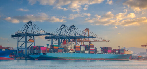 Logistics and transportation of Container Cargo ship and Cargo plane with working crane bridge in shipyard at sunrise, logistic import export and transport industry background