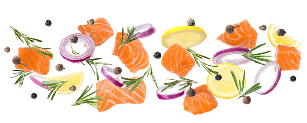 Obraz premium Pieces of delicious fresh raw salmon and different spices on white background. Banner design