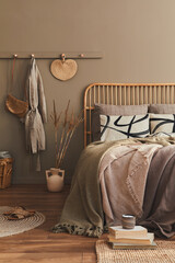Modern interior design of stylish bedroom with decoration, neutral macrame, clothes hanger, dried flower, basket, beautiful bed sheets, blanket, pillows and personal accessories. Template.