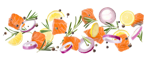 Pieces of delicious fresh raw salmon and different spices on white background. Banner design