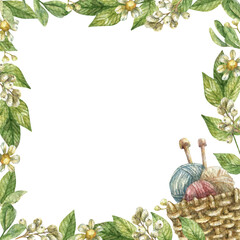 Watercolor illustration with elements of flowers, leaves and hobbies for knitting. Hand-drawn pattern frame with balls of yarn, knitting needles, flowers and herbs.