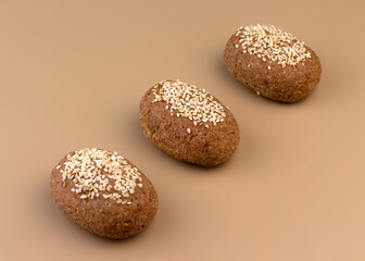 A healthy gluten-free keto bread made from almond flour and psyllium husk, sprinkled with sesame seeds. Baking ingredients in scoops. Ketogenic diet, paleo, low carb, high fat.