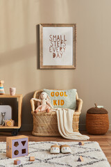 Stylish scandinavian kid room interior with toys, teddy bear, plush animal toys, rattan sofa,...