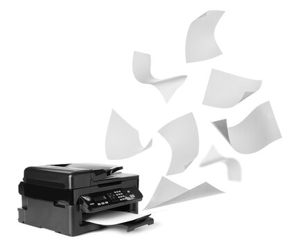 Modern Multifunction Printer And Flying Sheets Of Paper On White Background