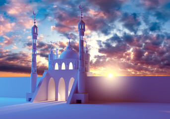 Image of mosque against background of evening sky. Three-dimensional mosque with many minarets....