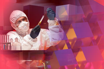 Man biologist works in a laboratory. He holds a test tube in his hands. Man in a chemical...