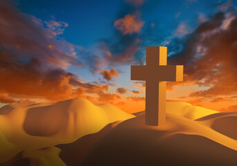Christian cross in sandy hills. Three-dimensional cross on evening sky background. Illustration with a cross on sand dunes. Religious Attractions. Catholic symbols 3d. Place for Christians to pray