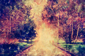 Watercolor painting of autumn, fall park