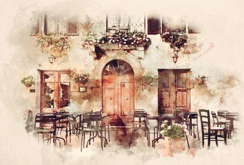Fototapeten Aquarellmalerei eines romantischen Retro-Restaurants in Italien © Photocreo Bednarek