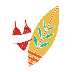 Cute hand-drawn beach vacation symbol, icon. Dotted red bikini swimsuit and surfboard nearby.Vector cartoon illustration