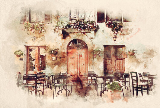 Watercolor painting of retro romantic restaurant in Italy
