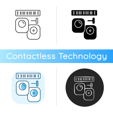 EAS tags and labels icon. Security device that is attached to product to make it visible to reader and prevent theft. Linear black and RGB color styles. Isolated vector illustrations