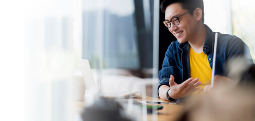 Smart positive smile asian male businessman video conference remote working  discuss concersation...