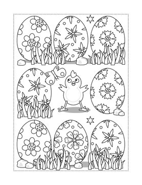 Easter holiday themed coloring page with chick and painted eggs
